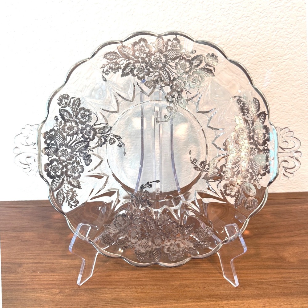 VTG Silver City 11" Floral Sterling Embossed Glass Platter Scalloped‎ Edge